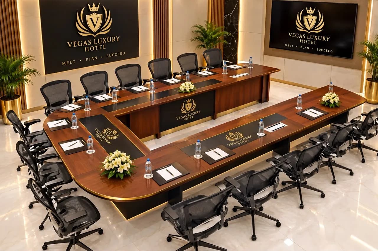 Vegas Luxury Hotel meeting room with a U-shaped boardroom table